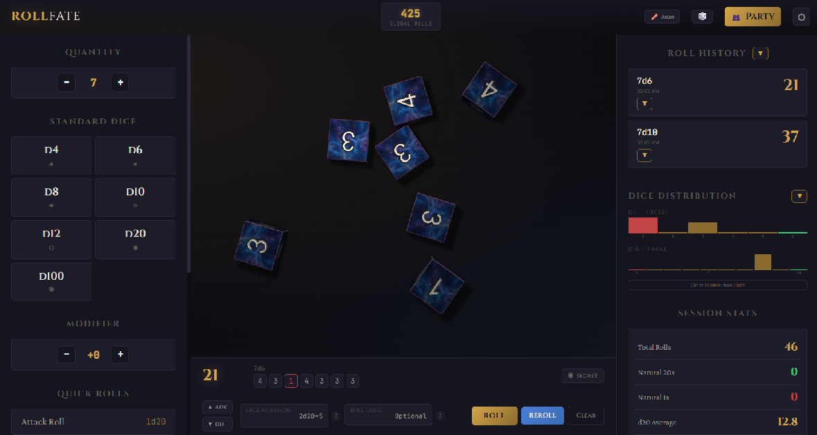 The RollFate dice roller: dice buttons on the left, 3D dice in the middle, roll history and session stats on the right.