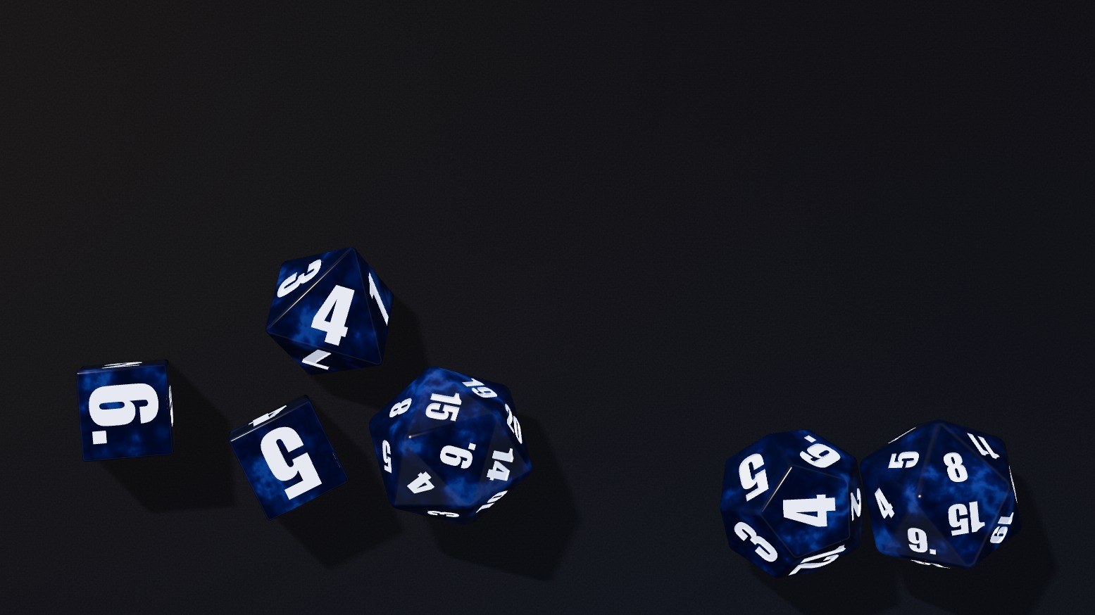 Blue marbled 3D dice settling on the dark RollFate table.