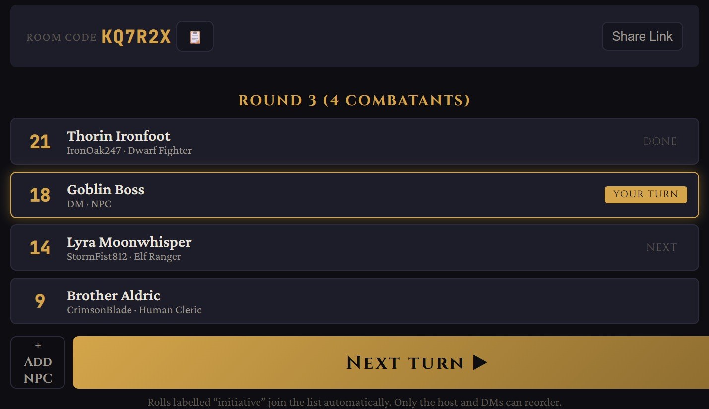 The RollFate initiative tracker in a party room: round 3, four combatants in turn order including a Goblin Boss NPC, with Add NPC and Next turn buttons.